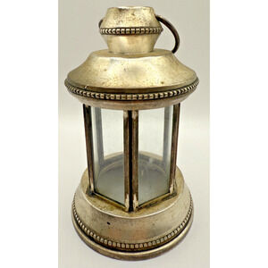 Vintage Silver Metal Candle Lantern 6.5" Hex Glass Panels Rustic Patina Decor